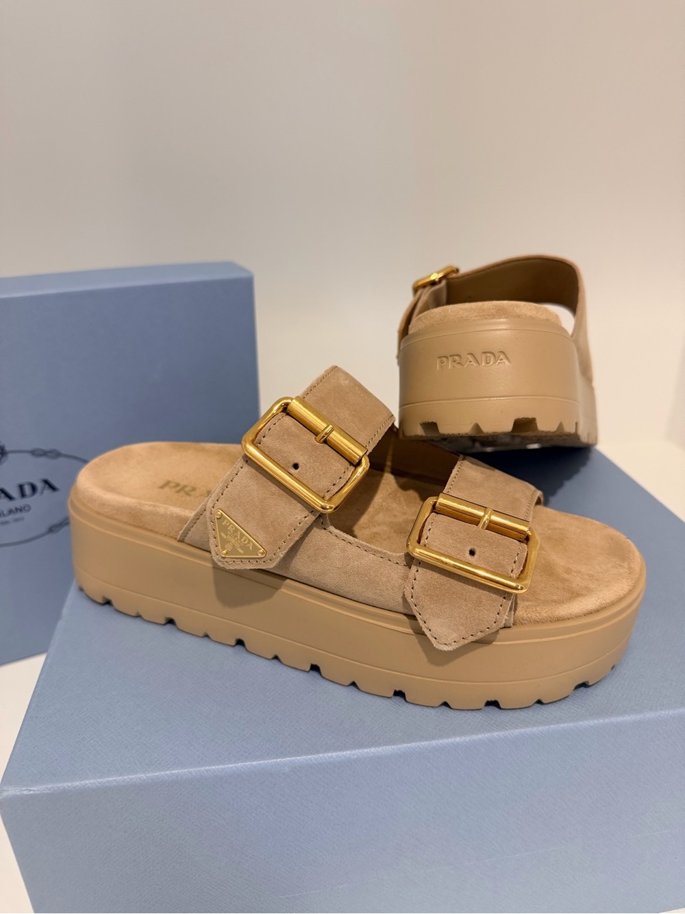 NWT SIZE 38- Prada Tan Suede Dual-Buckle Platform Sandals - Picture 2 of 8